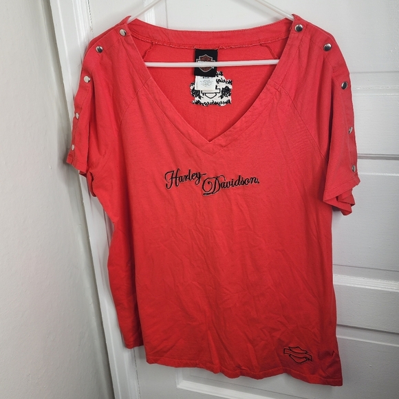 Harley Davidson Snap Shoulder Short Sleeve Vneck Orange 1X - Picture 1 of 10